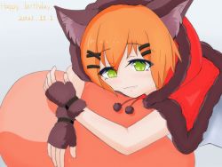 Rule 34 | 1girl, animal ears, animal hood, apron, aqua background, artist name, artist request, black choker, bow, breasts, brown gloves, capelet, choker, corset, dress, female focus, fingerless gloves, frilled apron, frills, fur-trimmed capelet, fur-trimmed gloves, fur-trimmed hood, fur trim, gloves, green eyes, hair between eyes, hair ornament, hairclip, halloween dress-up (love live!), highres, holding, holding pillow, hood, hoodie, hoshizora rin, looking at viewer, love live!, love live! school idol festival, love live! school idol festival all stars, love live! school idol project, orange hair, parted lips, pillow, plaid, plaid dress, pleated, pleated dress, pom pom (clothes), red capelet, red corset, red dress, red ribbon, ribbon, short hair, smile, solo, upper body, white apron, white dress, wolf ears, x hair ornament, yellow eyes