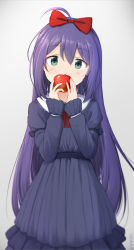 Rule 34 | 1girl, ahoge, apple, basa rutan, black bow, blue dress, blush, bow, collared dress, covered mouth, dress, food, fruit, gradient background, green eyes, grey background, hair between eyes, hair bow, head tilt, highres, holding, holding food, holding fruit, idolmaster, idolmaster million live!, long hair, long sleeves, looking at viewer, mochizuki anna, purple hair, red apple, red bow, signature, sleeves past wrists, solo, very long hair