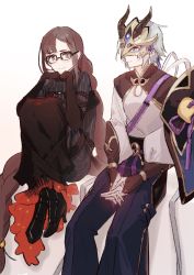 Rule 34 | 1boy, 1girl, absurdly long hair, armor, azarashi ball, black dress, black hair, blue eyes, braid, braiding hair, brown eyes, cape, chinese armor, chinese clothes, cleavage cutout, clothing cutout, detached sleeves, dress, fate/grand order, fate (series), glasses, grey hair, hairdressing, hand on hand, hand on own chin, highres, horned mask, horns, long hair, mask, ornament, prince of lan ling (fate), ribbon, side slit, sitting, smile, turtleneck, very long hair, yu mei-ren (fate), yu mei-ren (first ascension) (fate)