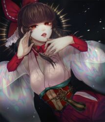 Rule 34 | 1girl, adapted costume, black background, bow, breasts, brown hair, cleavage, collar, commentary, cowboy shot, detached collar, frilled bow, frills, hair bow, hakurei reimu, highres, lips, long hair, looking at viewer, medium breasts, obi, parted lips, pink shirt, red bow, red collar, red eyes, red skirt, sash, shirt, skirt, solo, tassel, touhou, white sleeves, yatsuga (kouahey dierci)