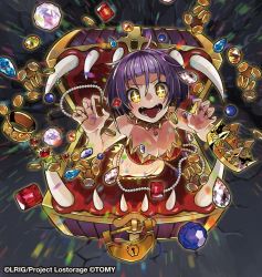 Rule 34 | 10s, 1girl, cleiooo, crown, female focus, gold, jewel, mimic, mimic chest, monster girl, open mouth, purple hair, sharp teeth, solo, teeth, tongue, tongue out, wixoss