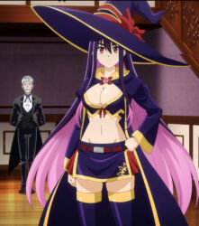 1boy 1girl anime_screenshot black_hair black_hat black_robe black_skirt black_thighhighs breasts butler cleavage colored_inner_hair flower formal_clothes hair_between_eyes hand_on_own_hip hat highres idola_avorn large_breasts large_hat legs long_hair long_sleeves midriff multicolored_hair navel pink_flower pink_hair poseidon_(sentai_red) red_eyes robe rose sentai_red_ga_isekai_de_boukensha_ni_naru serious skirt stitched stomach thick_eyebrows thighhighs thighs third-party_edit two-tone_hair witch witch_hat