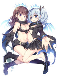 Rule 34 | 2girls, ass, bare legs, belt, blue eyes, blue hair, blush, breasts, brown hair, cleavage, female focus, gloves, hair ribbon, large breasts, long hair, long sleeves, looking at viewer, multiple girls, navel, open mouth, pleated skirt, purple eyes, ribbon, sanshoku amido, shorts, simple background, single thighhigh, skirt, small breasts, thighhighs, twintails, white background, wings