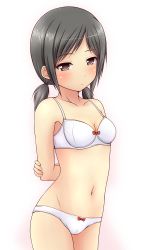 Rule 34 | 1girl, arms behind back, black hair, blush, bow, bow bra, bow panties, bra, breasts, brown eyes, cameltoe, cleavage, collarbone, groin, highres, ki (kk-sk-ray), low twintails, medium breasts, navel, original, panties, short hair, short twintails, solo, swept bangs, twintails, underwear, underwear only, white background, white bra, white panties