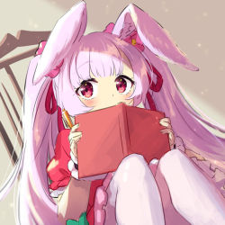 Rule 34 | 1girl, animal ear fluff, animal ears, blush, book, bow, chair, covering own mouth, dress, flower, hair bow, hair flower, hair ornament, hair ribbon, hisana, holding, holding book, holding pen, long hair, looking at viewer, original, pen, pink dress, pink eyes, pink hair, rabbit ears, red bow, red ribbon, ribbon, sitting, solo, white legwear, wristband