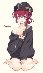 Rule 34 | 1girl, 90 sik, black hat, black hoodie, blush, cabbie hat, commentary request, full body, gear hat ornament, hair between eyes, hat, hood, hoodie, indie virtual youtuber, kaiten-tsuzuri, looking at viewer, object through head, open mouth, red eyes, red hair, screw in head, short hair, simple background, single bare shoulder, sitting, solo, virtual youtuber, wariza