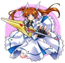 Rule 34 | 1girl, black gloves, brown hair, closed mouth, commentary request, fingerless gloves, gloves, hair ribbon, jacket, juliet sleeves, long hair, long sleeves, looking to the side, lyrical nanoha, magic circle, magical girl, mahou shoujo lyrical nanoha strikers, medium skirt, puffy sleeves, purple eyes, raising heart, raising heart (exceed mode), ribbon, san-pon, skirt, smile, solo, standing, takamachi nanoha, takamachi nanoha (exceed mode), white background, white jacket, white ribbon, white skirt