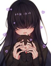 Rule 34 | 1girl, aijou rentarou, black hair, black jacket, black suit, black sweater, blush, character doll, close-up, commentary, covered eyes, doll, facing viewer, formal, hair over eyes, hands up, heart, highres, holding, holding doll, jacket, kakure meme, kimi no koto ga dai dai dai dai daisuki na 100-nin no kanojo, long bangs, long hair, mole, mole under mouth, necktie, parted lips, popo po731, red necktie, ribbed sweater, sleeves past wrists, smile, solo, stuffed toy, suit, sweater, upper body, white background