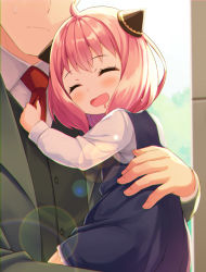 Rule 34 | 1boy, 1girl, ^ ^, ahoge, anya (spy x family), blush, business suit, carrying, child, closed eyes, dress, father and daughter, formal, head out of frame, highres, hug, long sleeves, necktie, open mouth, pink hair, red necktie, s (hdru2332), short hair, spy x family, suit, sweatdrop, twilight (spy x family)