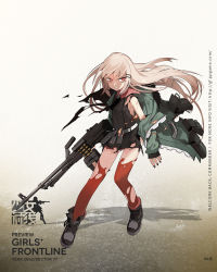 Rule 34 | ammunition, ammunition belt, ammunition box, artist request, belt-fed, black dress, black footwear, black nails, boots, bruise, bullet, character name, clenched teeth, copyright name, crew-served weapon, dress, english text, fingernails, fire, full body, general-purpose machine gun, girls&#039; frontline, green jacket, gun, hair ornament, hairclip, heavy machine gun, highres, holding, holding gun, holding weapon, injury, jacket, light brown hair, long hair, long sleeves, looking to the side, machine gun, military cartridge, nail polish, name connection, object namesake, official art, open clothes, open jacket, parted lips, red eyes, red thighhighs, rifle cartridge, short dress, sidelocks, solo, teeth, thighhighs, torn boots, torn clothes, torn dress, torn jacket, torn thighhighs, type 80 (girls&#039; frontline), type 80 machine gun, very long hair, watermark, weapon, web address