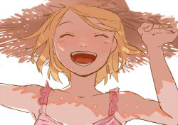 Rule 34 | 1girl, bad id, bad pixiv id, bare shoulders, batako, blonde hair, dress, closed eyes, face, female focus, happy, hat, kagamine rin, open mouth, short hair, sketch, smile, solo, straw hat, vocaloid, white background