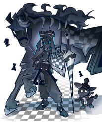 Rule 34 | absurdres, blue eyes, board game, chess, chess piece, highres, horse, looking at viewer, original, polearm, skull, spear, weapon