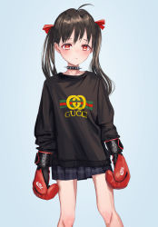 Rule 34 | 1girl, absurdres, ahoge, bad id, bad twitter id, black sweater, blue skirt, boxing gloves, bright pupils, brown hair, closed mouth, collar, cowboy shot, gishiki (gshk), grey background, gucci, highres, long hair, long sleeves, looking at viewer, nike (company), original, pleated skirt, red eyes, simple background, skirt, solo, spiked collar, spikes, standing, sweater, twintails, white pupils