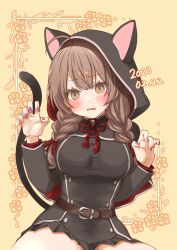 Rule 34 | 1girl, 2023, absurdres, animal ears, black capelet, black dress, braid, breasts, brown hair, capelet, cat day, cat ears, cat tail, commentary request, cowboy shot, curled fingers, dress, highres, hood, hood up, hooded capelet, kantai collection, large breasts, long hair, mocchi (mocchichani), nail polish, red nails, shinshuu maru (kancolle), solo, tail, twin braids