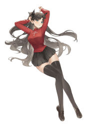Rule 34 | 1girl, absurdres, arms up, black footwear, black hair, black thighhighs, blue eyes, blush, breasts, cotta (heleif), fate/stay night, fate (series), full body, hair ribbon, highres, legs, long hair, long legs, looking at viewer, medium breasts, red sweater, ribbon, simple background, solo, sweater, thighhighs, tohsaka rin, white background, zettai ryouiki