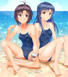 Rule 34 | 2girls, antenna hair, bad id, bad pixiv id, barefoot, beach, black eyes, black hair, blue hair, blue one-piece swimsuit, blue sky, breasts, brown eyes, character name, competition school swimsuit, copyright name, day, feet, highres, horizon, idolmaster, idolmaster (classic), kikuchi makoto, kisaragi chihaya, long hair, multiple girls, ns.x, ocean, one-piece swimsuit, outdoors, partially submerged, school swimsuit, short hair, sitting, sky, small breasts, smile, swimsuit, tumbler, water
