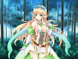 Rule 34 | 1girl, bare shoulders, belt, blonde hair, breasts, choujigen player suke-san: sekai wo cheat de yarimakuri, cleavage, cowboy shot, floating hair, flower, forest, gloves, green eyes, highres, large breasts, legs, long hair, looking at viewer, navel, outdoors, pointy ears, see-through, smile, solo, ssz, standing, thighs, tree, white gloves