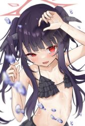 Rule 34 | 1girl, alternate costume, bikini, black bikini, black hair, black horns, blue archive, blush, collarbone, commentary request, flat chest, frilled bikini, frills, fuuka (blue archive), halo, highres, horns, long hair, looking at viewer, mosae, open mouth, red eyes, red halo, simple background, solo, swimsuit, wet, white background
