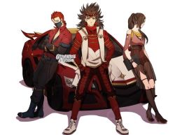 Rule 34 | 1boy, 2girls, bad id, bad twitter id, black hair, brown hair, car, darkgreyclouds, fast &amp; furious, fire emblem, fire emblem fates, hair over one eye, jacket, kagero (fire emblem), looking at viewer, motor vehicle, multiple girls, nintendo, on vehicle, red hair, ryoma (fire emblem), saizo (fire emblem), shoes, sitting, sneakers, the fast and the furious, white background