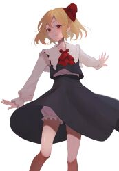 Rule 34 | 1girl, ascot, black skirt, black vest, blonde hair, bloomers, closed mouth, commentary, hair ribbon, highres, long sleeves, red ascot, red eyes, red ribbon, ribbon, rumia, shirt, short hair, simple background, skirt, solo, touhou, umeko 81, underwear, vest, white background, white shirt