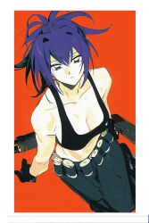 Rule 34 | 1girl, ammunition belt, bare shoulders, black gloves, black pants, black tank top, blue eyes, blue hair, breasts, from above, gloves, highres, leona heidern, medium breasts, pants, ponytail, sleeveless, soldier, solo, tank top, the king of fighters, the king of fighters xiii, unimless