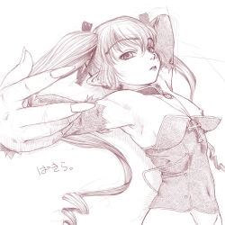 Rule 34 | 1girl, armpits, bottomless, flat chest, foreshortening, long hair, looking at viewer, mashue, monochrome, nipple slip, nipples, pachira, renkin san-kyuu magical pokaan, simple background, sketch, solo, white background