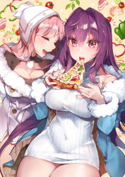 Rule 34 | 2girls, alternate costume, breasts, buttons, cleavage cutout, clothing cutout, coat, commentary request, covered navel, eating, closed eyes, fate/grand order, fate (series), food, fur trim, hair intakes, hat, kanola u, large breasts, long hair, medb (fate), multiple girls, open mouth, pink hair, pizza, purple hair, red eyes, revision, scathach (fate), sweater, turtleneck, turtleneck sweater, yellow background