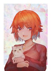 Rule 34 | 1girl, :d, animal, breasts, commentary request, cross, cross necklace, hair between eyes, highres, holding, holding animal, jewelry, latin cross, looking at viewer, medium breasts, necklace, open mouth, orange hair, original, red eyes, red sweater, ribbed sweater, short hair, smile, solo, sweater, tarbo (exxxpiation), upper body