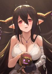 Rule 34 | 1girl, antenna hair, bandages, bandaged arm, bandages, black hair, breasts, cleavage, crescent, danua, dress, fingerless gloves, gloves, granblue fantasy, hair between eyes, hansel (granblue fantasy), highres, horn ornament, horns, jewelry, large breasts, long hair, looking at viewer, necklace, open mouth, pointy ears, red eyes, sa (sam-ya), solo, upper body, very long hair, white dress