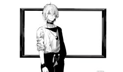 Rule 34 | 1boy, bangle, bracelet, choker, closed mouth, coat, copyright notice, cowboy shot, crossed bangs, empty picture frame, expressionless, greyscale, hair between eyes, highres, holostars, jewelry, looking at viewer, male focus, monochrome, official art, pants, pendant, picture frame, rikka (holostars), shirt, short hair, simple background, single sleeve, solo, standing, sweater, unrefle, virtual youtuber, white background
