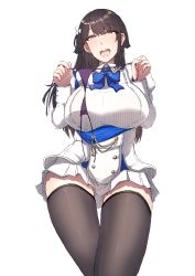 Rule 34 | 1girl, :d, absurdres, animal ears, azur lane, bad id, bad pixiv id, black thighhighs, blue bow, blue bowtie, blush, bow, bowtie, breasts, buttons, choukai (azur lane), collared shirt, cowboy shot, dog ears, eyebrows, fingernails, floppy ears, gluteal fold, hair between eyes, hands up, highres, holding, holding clothes, holding panties, holding underwear, huge breasts, long sleeves, looking at viewer, miniskirt, mole, mole on thigh, nose blush, open mouth, orange eyes, panties, pleated skirt, puffy long sleeves, puffy sleeves, purple panties, shirt, shiworiita, short hair, simple background, skirt, smile, solo, standing, sweat, teeth, thigh gap, thighhighs, tongue, underwear, white background, white shirt, white skirt