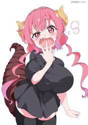 Rule 34 | 1girl, absurdres, black shirt, black thighhighs, blush, breasts, cowboy shot, dragon girl, dragon horns, fang, head tilt, highres, horns, huge breasts, ilulu (maidragon), kobayashi-san chi no maidragon, long hair, looking at viewer, low twintails, multicolored hair, open mouth, pink hair, pointy ears, red eyes, red hair, shirt, shortstack, simple background, slit pupils, solo, thighhighs, twintails, twitter username, white background, white gorilla (okamoto), yawning