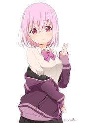 Rule 34 | 10s, 1girl, bafarin, blush, bow, bowtie, closed mouth, commentary request, gridman universe, highres, pink bow, pink bowtie, pink hair, red eyes, shinjou akane, shirt, short hair, simple background, sleeves past wrists, smile, solo, ssss.gridman, twitter username, v, white background, white shirt