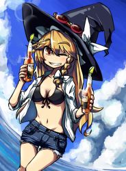 Rule 34 | 1girl, alcohol, awa (bihidasu), beer, bikini, bikini top only, black bra, blonde hair, blush, bottle, bow, bra, braid, breasts, cleavage, cloud, corona (brand), cowboy shot, day, denim, denim shorts, drink, dual wielding, dutch angle, eyebrows, gleam, goggles, goggles on headwear, grin, hair bow, hat, hat bow, holding, kirisame marisa, legs together, lens flare, long hair, looking at viewer, navel, ocean, one eye closed, open clothes, open shirt, shirt, shorts, sky, sleeves pushed up, smile, solo, swimsuit, teeth, touhou, underwear, very long hair, witch hat, yellow eyes