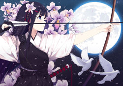 Rule 34 | 1girl, archery, arrow (projectile), bird, black hair, blue eyes, bow (weapon), caidychen, drawing bow, flower, full moon, gloves, hair flower, hair ornament, holding bow (weapon), japanese clothes, long hair, moon, muneate, original, partially fingerless gloves, partly fingerless gloves, sheath, sheathed, single glove, solo, weapon, yugake