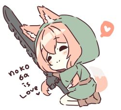 Rule 34 | 1girl, animal ear fluff, blush stickers, boots, brown footwear, brown gloves, brown hair, chibi, closed eyes, closed mouth, commentary, copyright request, ears through headwear, full body, gloves, green tunic, heart, holding, holding sword, holding weapon, hood, hood up, long hair, long sleeves, p19, pantyhose, simple background, smile, solo, spoken heart, sword, symbol-only commentary, tail, weapon, white background, white pantyhose, wide sleeves