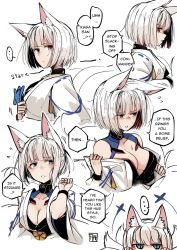 Rule 34 | ..., 1girl, a:n (angrynum), animal ears, azur lane, blue eyes, blush, breasts, cleavage, closed mouth, english text, flying sweatdrops, fox ears, fox tail, holding, kaga (azur lane), looking at viewer, medium breasts, motion lines, multiple tails, multiple views, parted lips, profile, short hair, sketch, speech bubble, spoken ellipsis, tail, white background, white hair