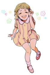 Rule 34 | 10s, 1girl, arm support, bad id, bad pixiv id, blonde hair, closed eyes, dress, flower, full body, hair flower, hair ornament, huang baoling, laughing, legs, mary janes, mikkabouzu (kisarisa), open mouth, pink footwear, shoes, short dress, short hair, simple background, sitting, skirt, smile, socks, solo, striped clothes, striped dress, tiger &amp; bunny, white socks, yellow dress, yellow skirt