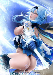 Rule 34 | 1girl, absurdres, ass, blue hair, breasts, breasts out, brown eyes, eula (genshin impact), genshin impact, highres, ice elemental, large breasts, long hair, nipples, self-upload, solo, tagme, taoart