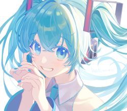 Rule 34 | 1girl, absurdres, backlighting, bare shoulders, blue eyes, blue hair, blue nails, blue necktie, blue theme, close-up, collarbone, collared shirt, denddden, eyelashes, fingernails, floating hair, grey shirt, hair between eyes, hands up, happy, hatsune miku, headset, highres, light blush, long hair, looking at viewer, nail polish, necktie, own hands together, shirt, sidelocks, simple background, sleeveless, sleeveless shirt, smile, solo, sparkle, tareme, twintails, upper body, very long hair, vocaloid, white background
