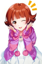 Rule 34 | 1girl, :3, blush, breasts, brown eyes, brown hair, butterfly necklace, dot nose, dress, hands up, highres, idolmaster, idolmaster million live!, idolmaster million live! theater days, jacket, long sleeves, looking at viewer, medium breasts, mikapoe, multicolored clothes, multicolored jacket, nonohara akane, one eye closed, open clothes, open hands, open jacket, open mouth, pom pom (clothes), short hair, simple background, smile, solo, striped clothes, striped jacket, two-tone jacket, upper body, white background, white dress