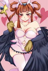 Rule 34 | 1girl, bare shoulders, black wings, blush, breasts, claws, clothing cutout, commentary request, duel monster, feathered wings, feathers, harpie channeler, harpy, heart, holding, holding staff, kamisaki sakuya, large breasts, long hair, monster girl, navel, navel cutout, orange eyes, orange hair, pink background, pointy ears, solo, staff, thighhighs, twintails, white thighhighs, winged arms, wings, yu-gi-oh!, zettai ryouiki