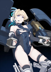 Rule 34 | 1girl, bare shoulders, black gloves, black thighhighs, blonde hair, blood, blood on face, blue archive, blue eyes, blue hair, blue halo, blue leotard, blue ribbon, braid, breasts, bun cover, commentary request, covered navel, earpiece, elbow gloves, exoskeleton, fingerless gloves, gloves, hair bun, hair ribbon, halo, highleg, highleg leotard, highres, leotard, maid headdress, medium breasts, multicolored hair, paid reward available, parted lips, ribbon, scratches, short hair, single hair bun, sinnra art, solo, streaked hair, thighhighs, toki (blue archive), torn clothes, torn leotard