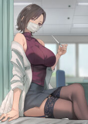 Rule 34 | 1girl, armpits, bare shoulders, blush, breasts, brown eyes, brown hair, crossed legs, holding, holding thermometer, kesoshirou, lab coat, large breasts, legs, looking at viewer, mask, mouth mask, original, pencil skirt, school nurse, skirt, sleeveless, sleeveless turtleneck, solo, thermometer, thighhighs, thighs, turtleneck