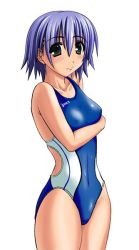 Rule 34 | 00s, 1girl, bb (pixiv10091), bb (sapporo youkan), black eyes, blue hair, breasts, competition swimsuit, covered erect nipples, large breasts, one-piece swimsuit, short hair, solo, swimsuit, to heart (series), to heart 2, tonami yuma