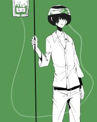 Rule 34 | 1boy, aojiru (yume 2kki), bandages, black hair, expressionless, green theme, hair over one eye, highres, intravenous drip, looking at viewer, male focus, monochrome, pajamas, solo, standing, yume 2kki