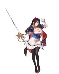 Rule 34 | 1girl, arm up, black eyes, black hair, black thighhighs, blue corset, breast ribbon, breasts, brown dust 2, cape, cleavage, corset, detached sleeves, dress, elbow gloves, eyebrows hidden by hair, full body, gloves, hair between eyes, hair ribbon, high heels, highres, holding, holding sword, holding weapon, juliet sleeves, large breasts, light blush, long hair, long sleeves, looking at viewer, official art, open mouth, puffy sleeves, red footwear, red ribbon, ribbon, second-party source, simple background, skindentation, snow white, solo, stiletto heels, strapless, strapless dress, sword, thighhighs, ventana (brown dust), weapon, white gloves