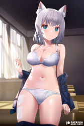 Rule 34 | 1girl, animal ear fluff, animal ears, blue archive, blue eyes, blue jacket, blush, bra, breasts, classroom, cleavage, curtains, desk, gluteal fold, indoors, jacket, large breasts, looking at viewer, medium hair, mujinbensin, navel, panties, parted lips, school desk, shiroko (blue archive), silver hair, solo, stomach, underwear, white bra, white panties