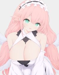 Rule 34 | 1girl, aqua eyes, azur lane, bare shoulders, blush, breasts, cleavage, commentary, detached sleeves, dress, feathered wings, frilled dress, frilled hairband, frills, grey background, hairband, head tilt, highres, large breasts, long hair, looking at viewer, low twintails, pink hair, risshu, simple background, solo, theseus (azur lane), twintails, upper body, white dress, wings