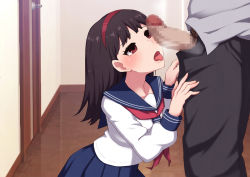 Rule 34 | 2boys, black hair, blue skirt, censored, clothed sex, fellatio, miniskirt, mosaic censoring, multiple boys, open mouth, oral, penis, pleated skirt, red eyes, school uniform, skirt, tongue, tongue out, trap, wataya, yaoi